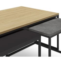 Set of 3 wooden coffee tables in oak, black and grey, 110-55.8 x 60-48 x 41.8-35.6 cm | Camelia