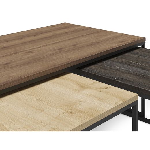 Set of 3 wooden coffee tables in oak, walnut and brown, 110-55.8 x 60-48 x 41.8-35.6 cm | Camelia