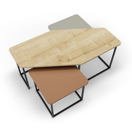 Set of 3 wooden coffee tables in oak, terracotta and green, 111.5-46 x 60-46 x 48-40 cm | Zoya