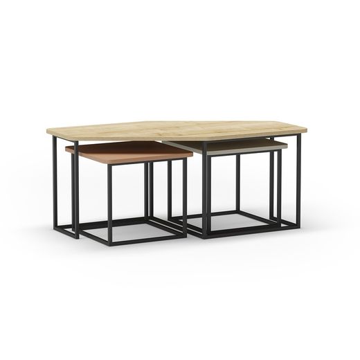 Set of 3 wooden coffee tables in oak, terracotta and green, 111.5-46 x 60-46 x 48-40 cm | Zoya