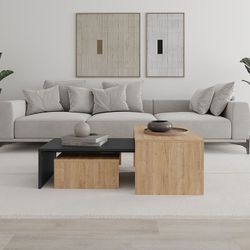 Set di 3 tavolini da caffè in legno di rovere e nero, 80 x 50 x 40,5 cm | Trio