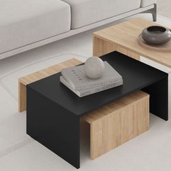 Set di 3 tavolini da caffè in legno di rovere e nero, 80 x 50 x 40,5 cm | Trio