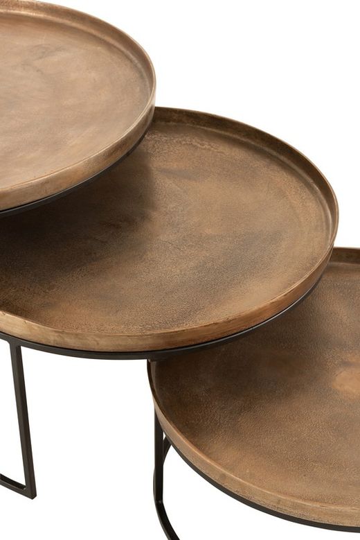 Set de 3 tables basses rondes en aluminium marron/noir, Ø78x48 cm