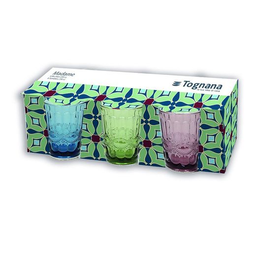 Set of 3 glass glasses in blue, green and purple, Ø 8 x 10 cm | Madam