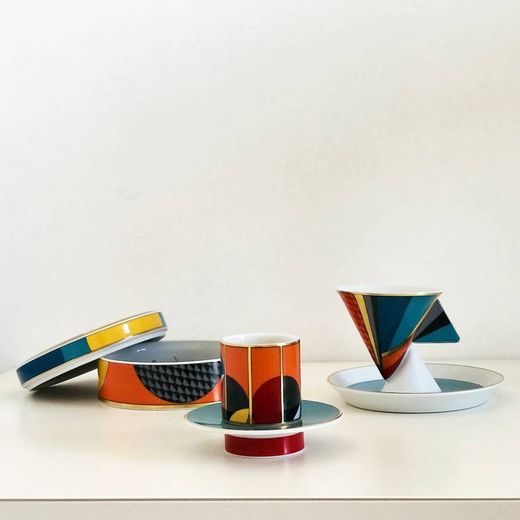 Set med 4 kaffekoppar och fat i mångfärgat porslin, Ø 9,9 x 5 cm | Futurism