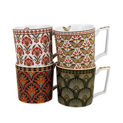 Set de 4 tasses en porcelaine multicolores | géométrique