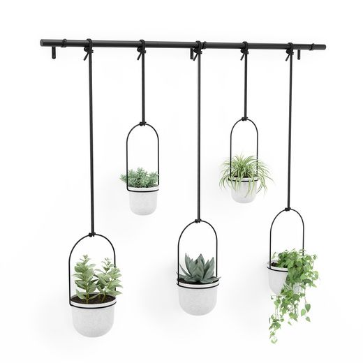 Set van 5 hangende plantenbakken in zwart en wit polymeer, 138 x 18 x 95 cm | drieflora