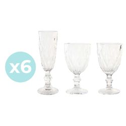 Set de 6 copas de agua, 6 copas de vino y 6 copas flauta de cristal en transparente | Magallanes