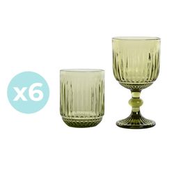 Set of 6 water glasses and 6 glass tumblers in green | Striped