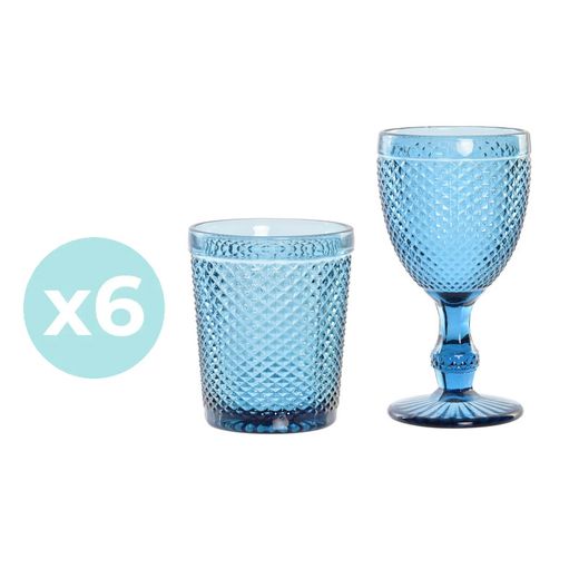 Set de 6 copas de agua y 6 vasos de cristal en azul | Da Gama