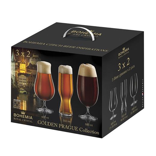 Set of 6 transparent crystal beer glasses | Golden Prague