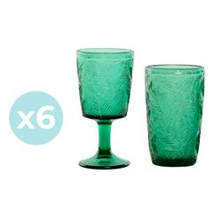 Set of 6 wine glasses and 6 tall glass tumblers in green | Leaves