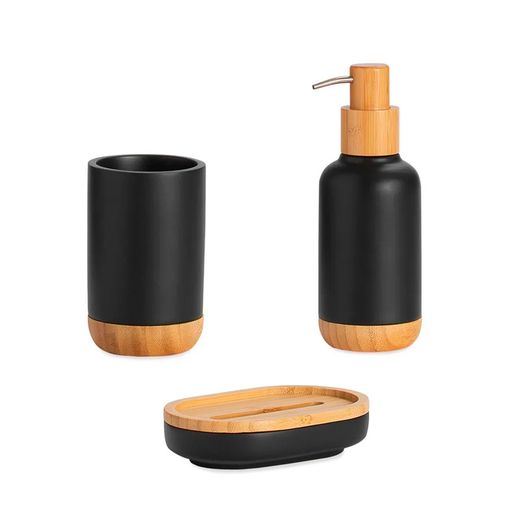 Set de baño 3 piezas de poliresina y bambú negra y natural | Bambú