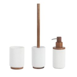 Set de baño de 3 piezas de poliresina y madera de acacia en blanco y marrón | Stripes