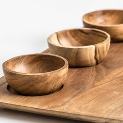 Ensemble de bols et plateaux en teck, 30x20x5cm