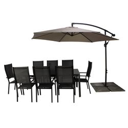 Set da pranzo con 8 poltrone e tavolo Alpine-200/8 + parasole Vienna-300 con 4 lastre
