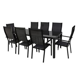 Set da pranzo con 8 poltrone e tavolo Alpine-200/8 + parasole Vienna-300 con 4 lastre