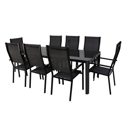 Set da pranzo con 8 poltrone e tavolo Alpine-200/8 + parasole Vienna-300 con 4 lastre