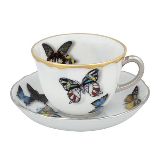 Sæt med 2 flerfarvede kaffekopper i porcelæn med underkop, Ø 10,9 x 5,2 cm | sommerfugleparade