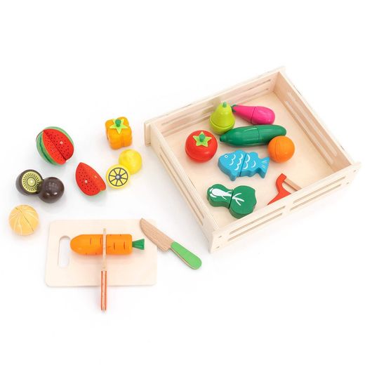 Montessori-style kitchen toy set made of natural pine in multicolour, 29x24x6.7 cm | Eco Fruit