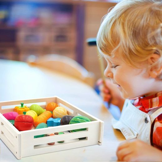 Montessori-style kitchen toy set made of natural pine in multicolour, 29x24x6.7 cm | Eco Fruit