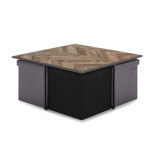 Set de Mesa de Centro con 4 Puffs PHOENIX de Dm Lacado y Papel Natural/Negro, 90x90x45 cm