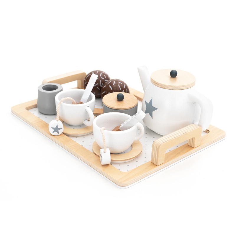 Cafetière jouet de style Montessori en bois blanc, 17x16x14 cm