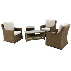 Set terrazza con 3 poltrone e 3 cuscini, 1 poggiapiedi e 1 + 3 + 3c tavolo Balúa