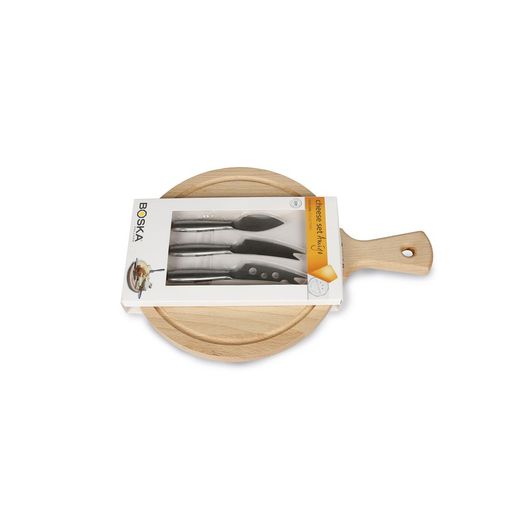 Set queso redondo madera de haya y acero 33,5x23,8x3 cm