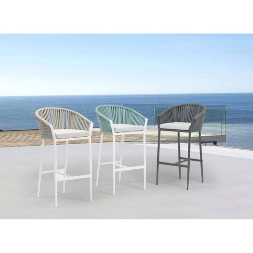 Buitenbarstoel met armleuningen van aluminium en olefin touw in wit en aqua, 57 x 56 x 105 cm | Ukiah