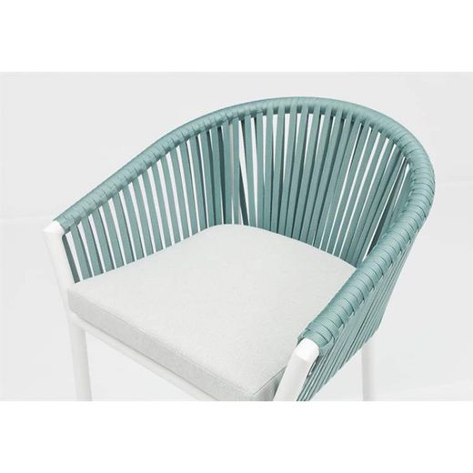 Buitenbarstoel met armleuningen van aluminium en olefin touw in wit en aqua, 57 x 56 x 105 cm | Ukiah