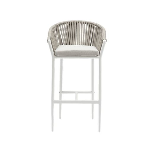 Buitenbarstoel met armleuningen van aluminium en olefin touw in wit en greige, 57 x 56 x 105 cm | Ukiah