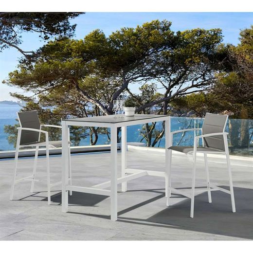 Aluminum, ceramic, and textilene garden dining set in white and gray | Meridian + Orick
