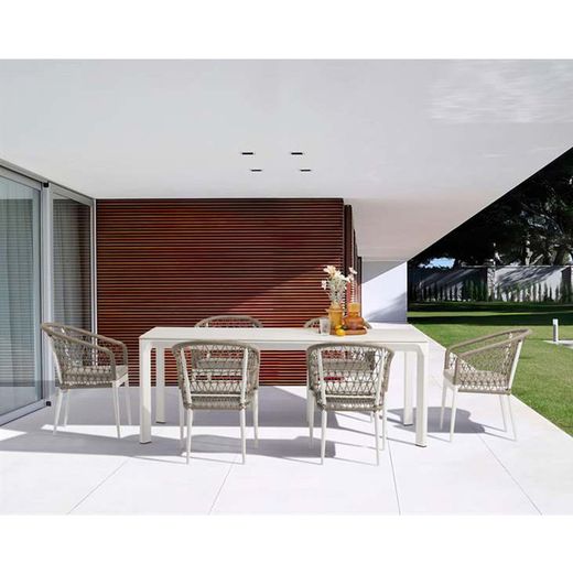 Aluminum, porcelain, and rope garden dining set in white and greige | Nelayan