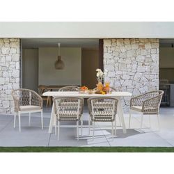Aluminum, porcelain, and rope garden dining set in white and greige | Nelayan