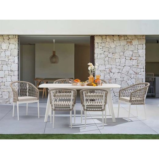Aluminum, porcelain, and rope garden dining set in white and greige | Nelayan