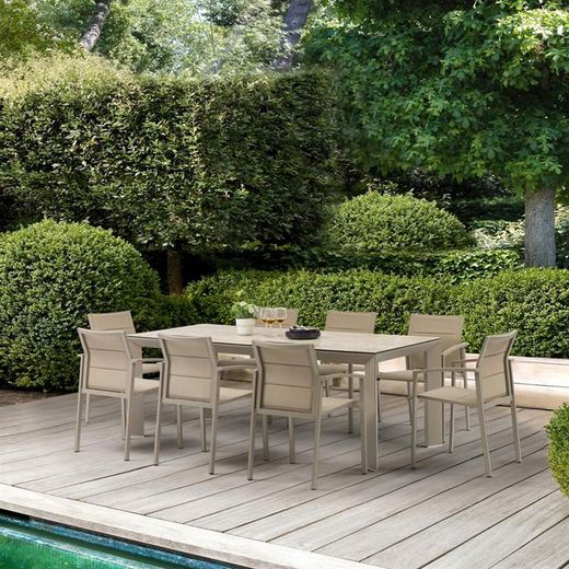 Aluminum, ceramic, and textilene garden dining set in taupe | Orick