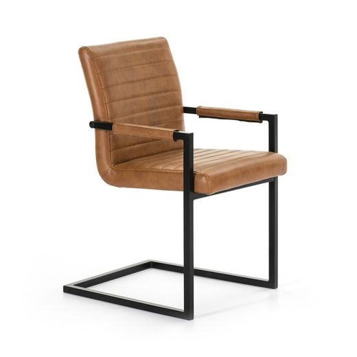 Chaise avec accoudoirs en simili cuir marron et structure en métal noir