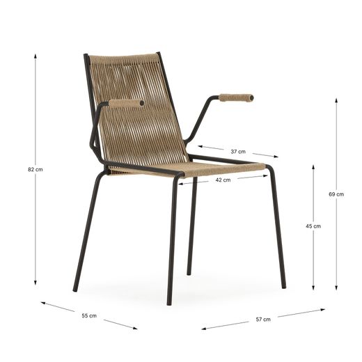 Chair with rope and metal armrests in cream, 55 x 57 x 82 cm | Emily