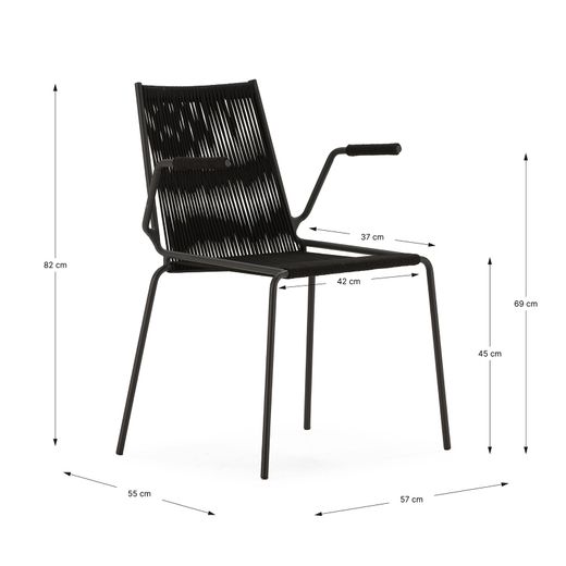 Chair with rope and metal armrests in black, 55 x 57 x 82 cm | Emily