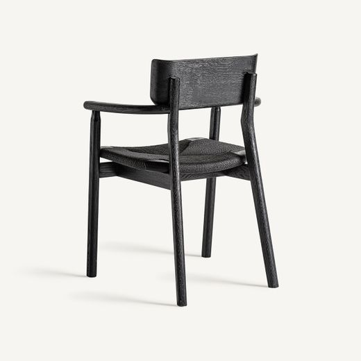 Silla de comedor de madera de roble y fibra natural en negro, 54 x 54 x 79 cm | Tasque