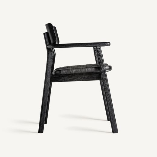 Silla de comedor de madera de roble y fibra natural en negro, 54 x 54 x 79 cm | Tasque