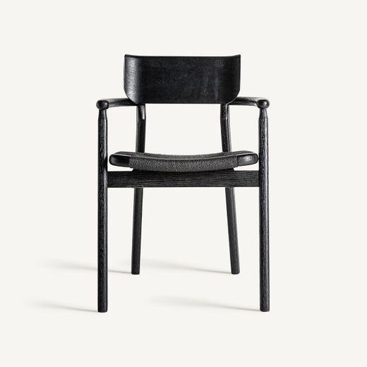 Silla de comedor de madera de roble y fibra natural en negro, 54 x 54 x 79 cm | Tasque