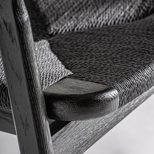 Silla de comedor de madera de roble y fibra natural en negro, 54 x 54 x 79 cm | Tasque