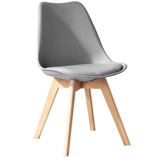 Silla de comedor de plástico y haya en gris y color natural, 48,5x42x82,5 cm