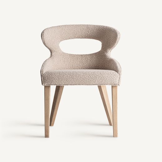 Silla de comedor de tejido de poliéster y madera de fresno en beige, 55 x 58 x 76 cm | Trebas