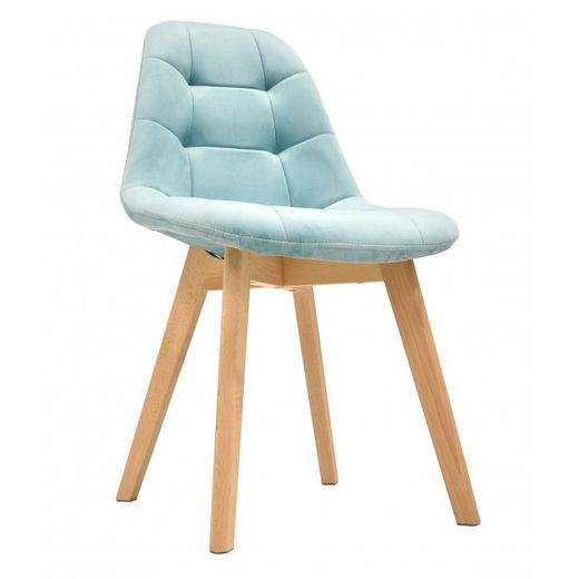Chaise de salle à manger Lorena en velours bleu clair/naturel et bois, 48x46x82 cm