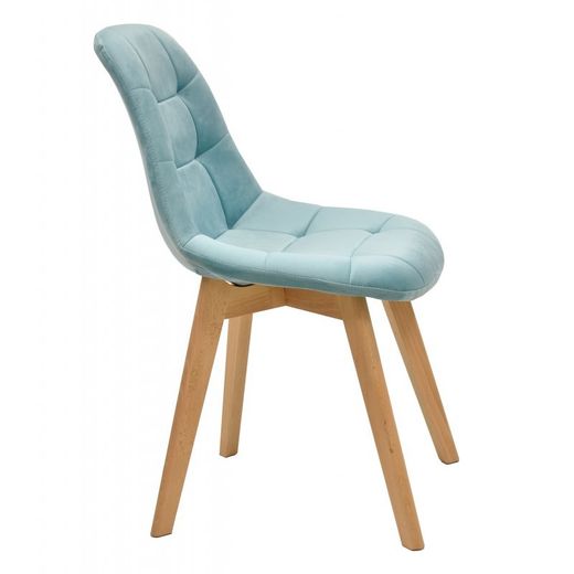 Chaise de salle à manger Lorena en velours bleu clair/naturel et bois, 48x46x82 cm