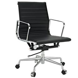 Chaise de bureau à roulettes Ea en métal et cuir noir, 59x63x91/100 cm