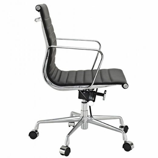 Chaise de bureau à roulettes Ea en métal et cuir noir, 59x63x91/100 cm